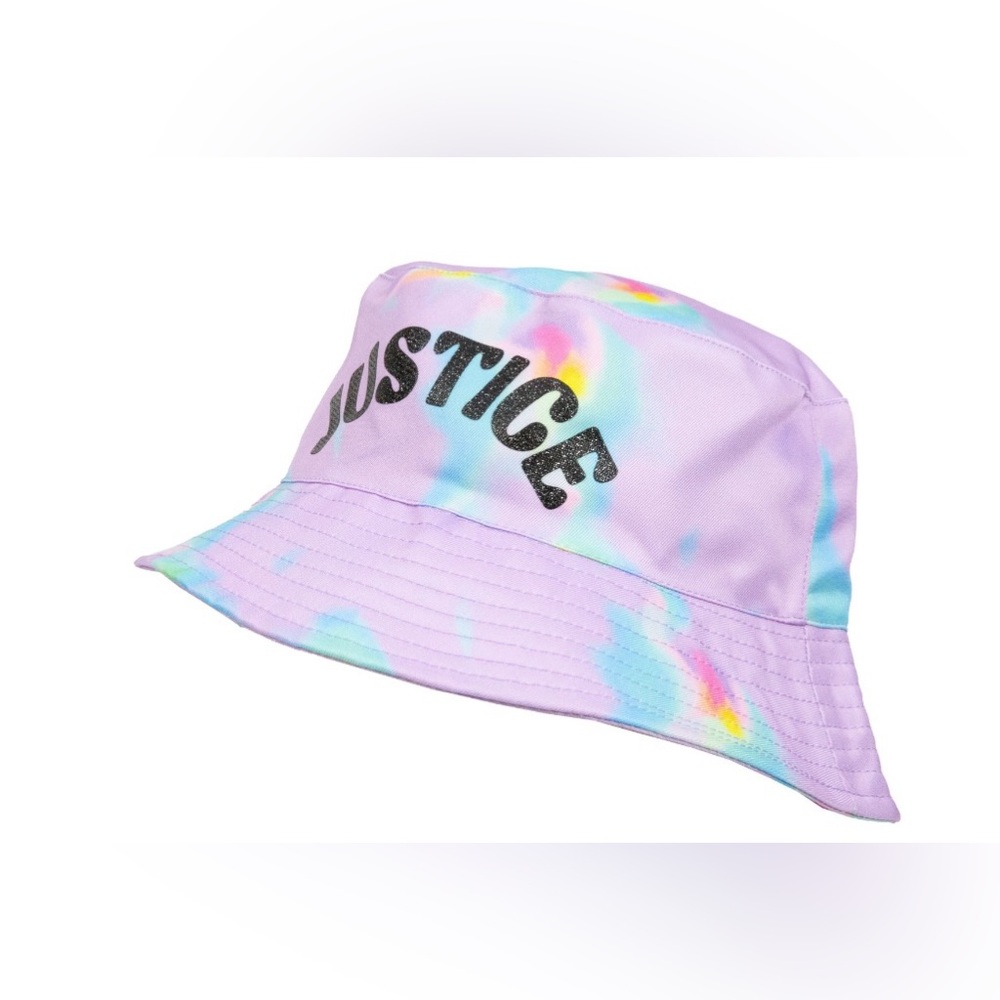Justice Rainbow Tie Dye Bucket Hat Girls One Size Glitter Logo Pastel NWT
